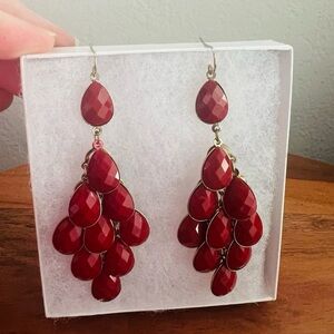 Gold tone Chandelier Earrings with faux faceted Red Coral Stones